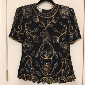 Vintage Stenay Black Silk Top/Bead & Sequins